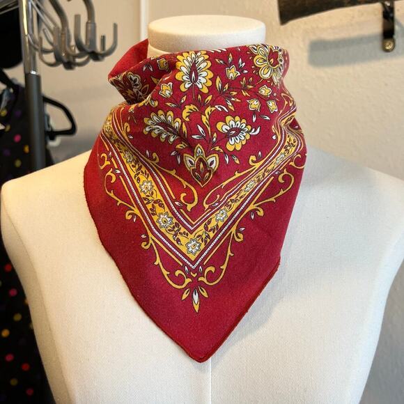 Vintage 90s Cottage Red & Yellow Floral Cotton Square Bandana Neck Tie - Picture 4 of 12